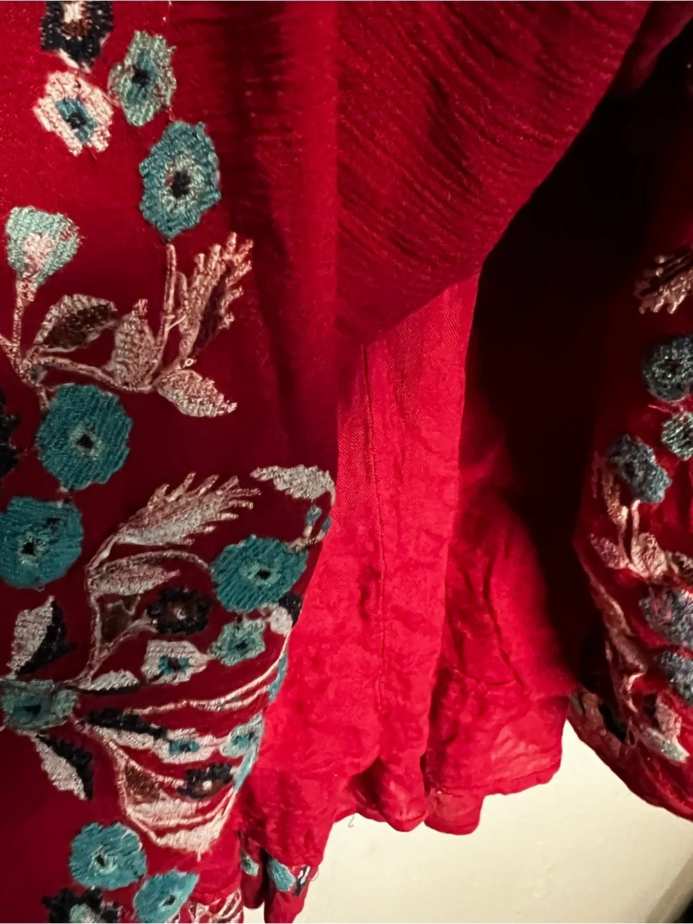 Free People Te‎ Amo Red Blue Floral Embroidered V Neck Babydoll Mini Dress